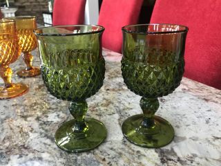 Indiana Glass Goblets Green Diamond Point Pedestal Footed Vintage 12 Oz
