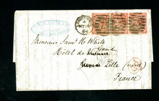 London To France 1864 1s Rate Cover (3 X 4d Red Sg 80) (au201)
