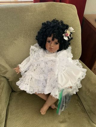 African American Large 24 " Porcelain Doll All Lace Christening Dress Shoes Socks