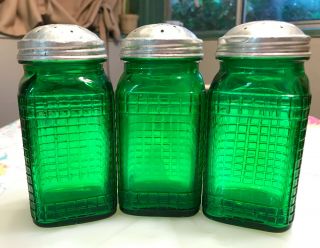 Vintage Hoosier Shakers - Emerald Green Glass Waffle Pattern Set Of 3