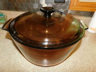 01277 Vintage 6 Quart Visions Visionware Amber Corning Ware Dutch Oven & Cover