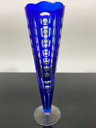 Cut To Clear Etched Cobalt Blue Art Glass Long Stem Bud Flower Vase 8”
