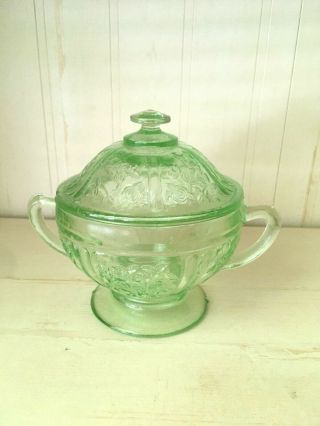 Vintage Federal Depression Glass Cabbage Rose/sharon Green Sugar Bowl With Lid