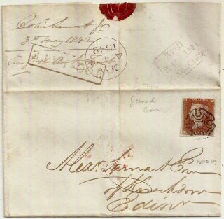 1843 Greenock Maltese Cross Qv 1d Red Imperf Cover,  Boxed Too Late - Edinburgh