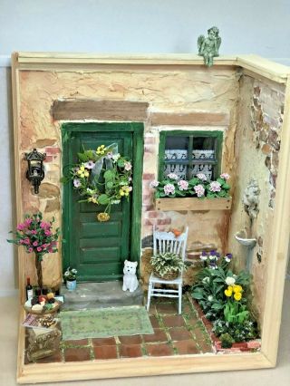Dollhouse Artist Signed Corner Room Box Decorated Flowers Front Door 1:12