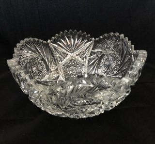 Vintage American Brilliant Abp Cut Glass Bowl Nappy Whirling Hobstar Pinwheel 8”