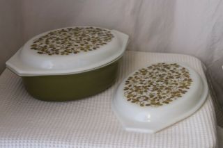 Vintage Pyrex Olive Green 2 1/2 Qt Deep Oval Casserole Dish 045 With 2 Lids