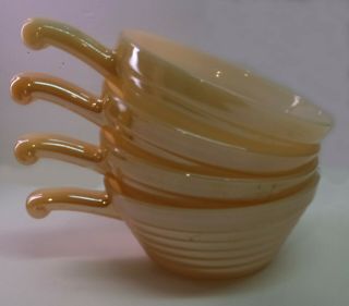 Set Of 4 Peach Lustre W/ White Fire King Bowls With Handles 10 Oz.  U.  S.  A.