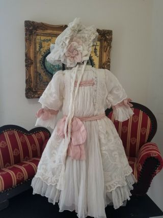 Vintage French Victorian Dress 17 " For Antique Bisque German Doll 24 - 28 " Bonnet