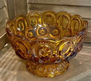 Vintage Le Smith Amber Glass Compote Candy Dish Moon & Stars Scalloped Rim