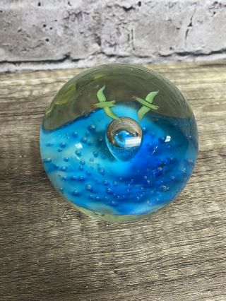 Hand Blown Glass Paper Weight Round Circle Controlled Bubble Blue/ Birds Ocean