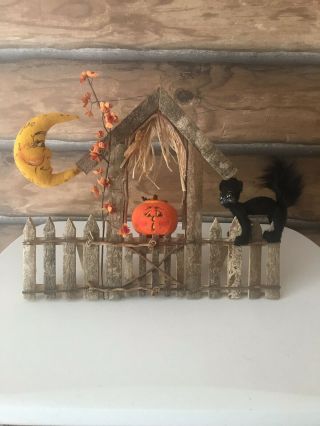 Vintage 2002 Annalee Wooden Halloween Fence Black Cat - Moon - Jack O 