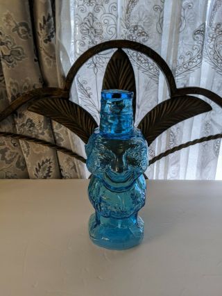 Tiara Blue Glass Mountaineer Decanter With Shot Glass Vintage 1970 