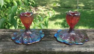 Vintage Imperial Glass Red Carnival Tree Of Life Amberina Candle Holders Vgc