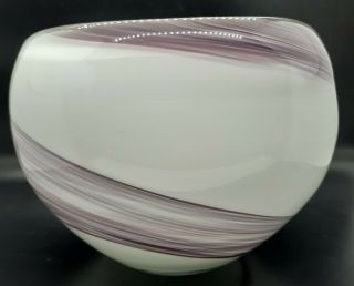 Art Glass Ball Vase Purple And White Swirl Stripes Studio Hand Blown Decoration