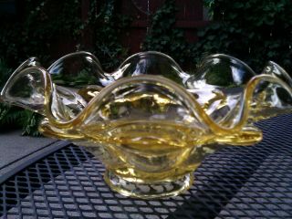 Viking Glass Epic Low Footed Bowl Double Crimped Yellow 1960s