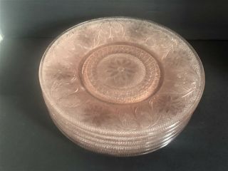 6 Pink Depression Glass Dinner Plates Floral 10 " Etched Glassware Vintage