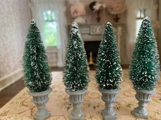 Vintage Miniature Dollhouse Set Exterior Snowy Christmas Trees In Urns Lawbre