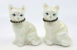 2 Fenton Hand - Painted White Iridescent Glass Calender Cats W/ Blue Zircon Collar