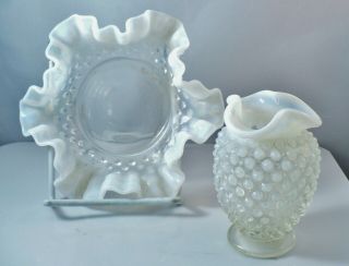 Vintage Fenton Moonstone Opalescent Ruffled Hobnail Glass Bud Vase & Small Dish