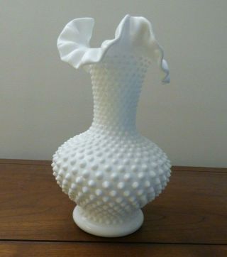 Vintage Fenton Hobnail Ruffled Crimped White Milk Glass Vase 3752 10.  5 "