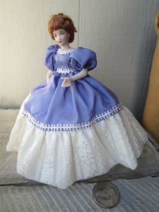 Dollhouse Miniature Artisan Porcelain Lady Doll Lavender Dress Lace Crinoline