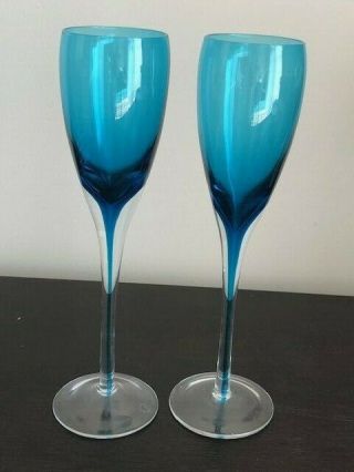 2 Turquoise Stem Champagne Flutes Goblets 10 1/4 " Bride Groom Wedding Stunning