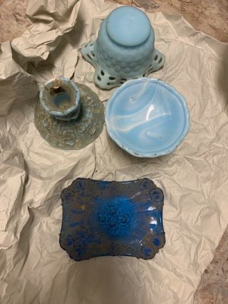 Set Of 2 Vintage Fenton Opalescent Blue Hobnail Glass Candlesticks Candle Holder