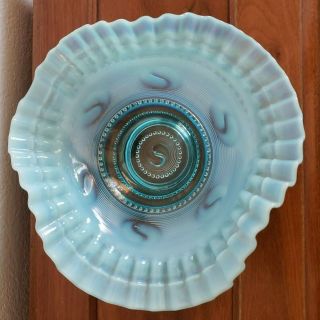 Vintage Blue Milk Glass Ruffle Bowl With Ying And Yang