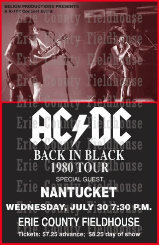 Ac/dc 1980 Back In Black Concert Tour Poster,  Erie County Fieldhouse,  Erie,  Pa