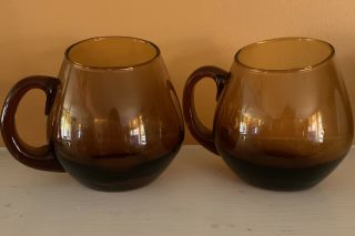 Vtg Mcm Set 2 Amber Glass Hand Blown Coffee Mug Barware Asymmetrical Blenko 70s