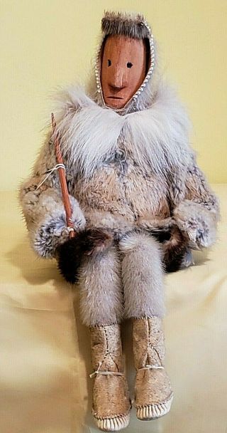 Vintage Inuit Eskimo Doll W Reindeer Hide And Fur Clothing,  Beads,  Wood Carved F