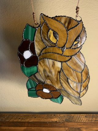 OWL Stained Glass Eyes On You Handcrafted - Sun Catcher 11”x7” 3