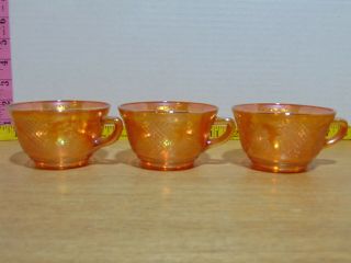 Federal Glass Normandie Iridescent Peach Carnival Glass Tea Cups Set Of 3
