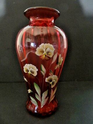 Vintage Fenton Hand Painted Signed Cranberry Vase Floral C Griffith 1994