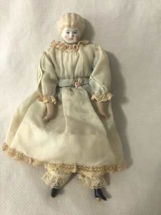 Antique China Head Doll Low Brow Blonde Hair Small Porcelain Bisque Limbs 9.  5 "