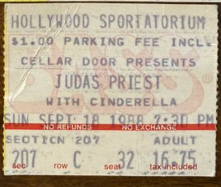 Vtg Judas Priest / Cinderella Concert Ticket Stub Sept 18 Hollywood Florida