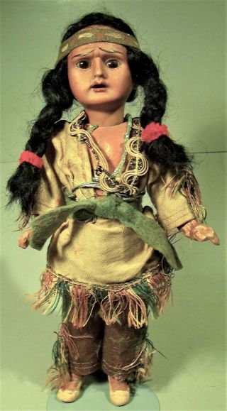 Antique 9 1/2 Inch German Bisque Head " Scowling Indian " Native American Doll
