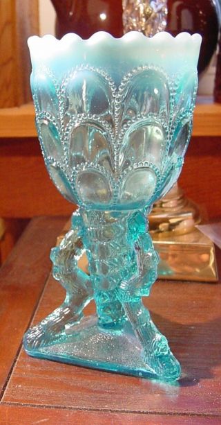 Northwood C.  1903 Blue Opalescent " Beads & Bark " Footed Vase