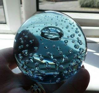 Vintage Retro Whitefriars Glass Controlled Bubbles Paperweight Arctic Blue