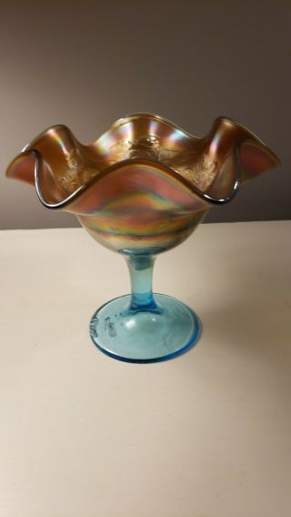 Northwood/fenton Carnival Glass Peacock On The Urn Compote Blue And Marigold