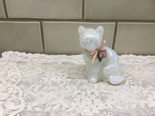 Fenton Art Glass Iridescent White Cat With Pink Porcelain Rose