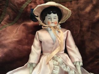 Antique Germany Doll With Porcelain Head Hands Feet Fabric Body With Pink Dress
