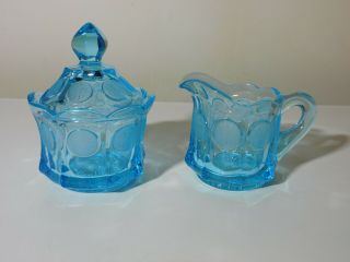 Fostoria Coin Glass Blue Creamer& Sugar Bowl With Lid W Frosted Coins