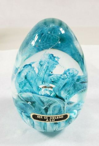 Mt.  St.  Helens Ash Glass Egg Paperweight Dramatic Blue And Clear Glass Signed