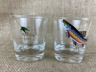 Ransley Hand Painted Rocks Whiskey Drinking Glasses With Fly Fish Motif