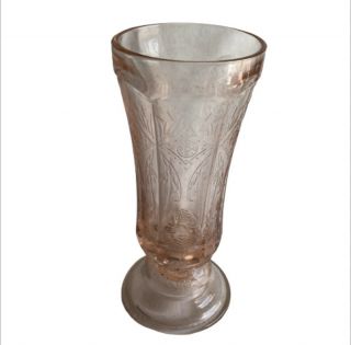 Vase Pink Depression Glass Pedestal Etched 8.  5” Tall Vintage