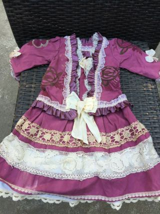 Antique Silk,  Cotton Dress For French Doll 12 - 14 Jumeau Steiner Bru Antique Lace