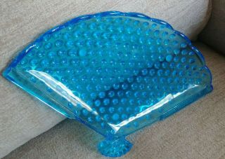 Vintage Fenton Blue Hobnail Large Fan Glass Dish 10 1/4 " X 7 " Scalloped Edges