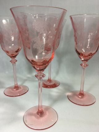 4 Vintage Pink Stemmed Wine Glasses Etched Flower Floral Design Depression?